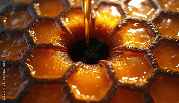 Fototapeta Hexagonal Tiles with Hyper-Realistic Honey Drips in Glowing Amber and Obsidian Black Surrounding a Black Hole-Like Void Oozing Metallic Royal Jelly