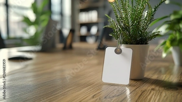 Fototapeta Minimalist Workspace with Indoor Plant and Blank Tag on Table