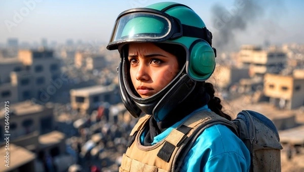 Fototapeta Brave girl in protective gear stands resolute amidst unrest