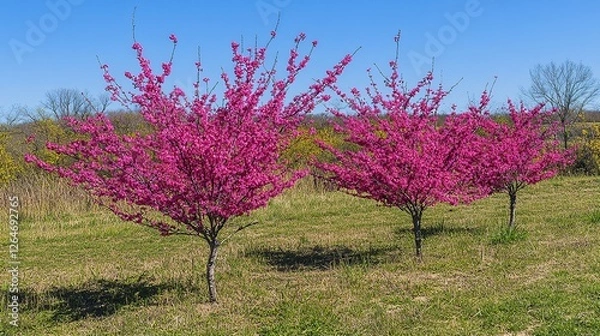 Fototapeta Pink flowering trees, field, spring, sunny day, landscape, nursery, growth, nature, vibrant, floral