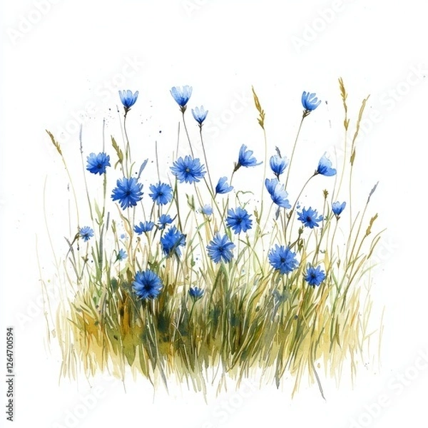 Obraz Watercolor painting of a meadow with small blue cornflowers scattered among the grass, on isolated white background