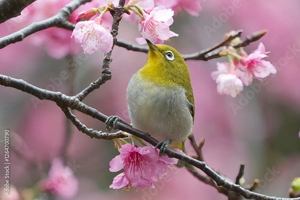 Obraz 寒緋桜とリュウキュウメジロ