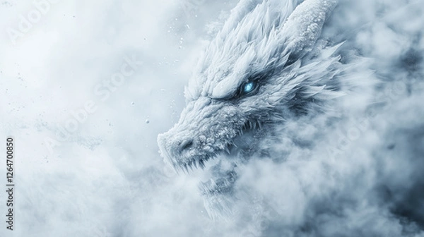 Fototapeta chilling frost dragon unleashes an ice storm over frozen landscape, eyes gleaming with icy power, dominating serene winter