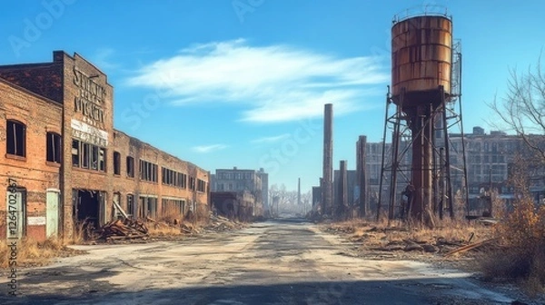 Fototapeta A decaying textile factory with massive brick facades, rusty water towers, and an eerily quiet road covered in dust, beneath a bright blue sky.