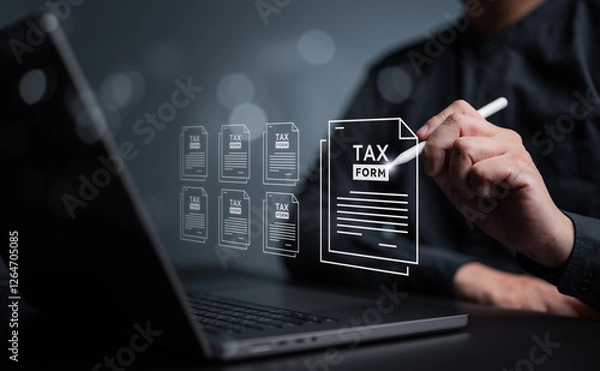 Fototapeta E-tax report and review. Businessman uses computer to complete individual income tax returns from online tax payments. Taxes payment,  data analysis, financial research. Calculation Refund tax return.