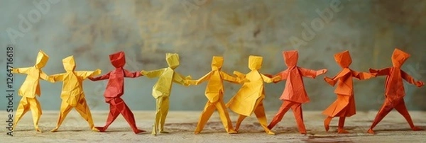 Fototapeta A stunning arrangement of vibrant origami figures forming a circle, symbolizing unity, community, and diversity, depicted in a warm palette against a textured backdrop.