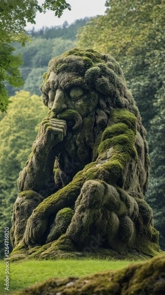 Fototapeta Ancient moss-covered sculpture lost in contemplative silence amid nature