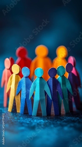 Fototapeta An array of colorful paper figures forms a collective which embodies the essence of community and connection, set against a striking backdrop.
