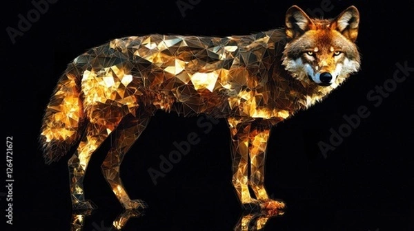 Fototapeta A dazzling low-poly golden timber wolf standing, reflecting glowing faceted textures.