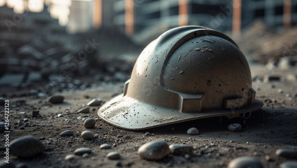 Obraz Abandoned Hard Hat in a Ruined Construction Site ideal for themes related to construction safety, workplace hazards, industrial decline, or disaster aftermath