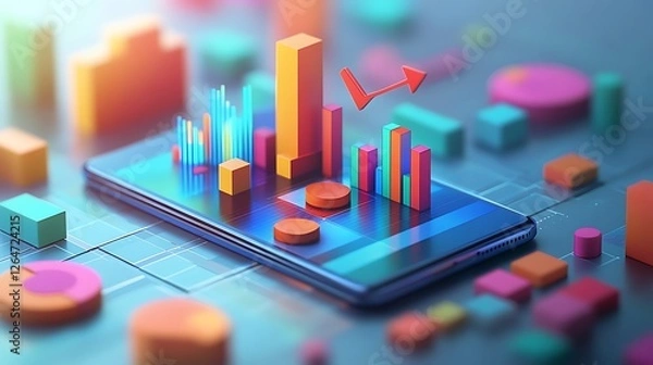 Fototapeta Smartphone with 3D Charts Representing Data Analysis, A smartphone displaying colorful graphs and charts, surrounded by 3D bar and pie charts