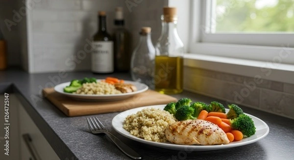 Fototapeta Preparing Healthy Chicken and Quinoa Meal with Vegetables in Modern Kitchen