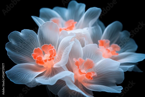 Fototapeta Ethereal white flowers with translucent petals against dark background illuminating elegant surreal beauty