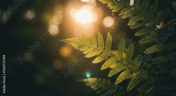 Fototapeta Sunlit Fern Frond Forest with Bokeh Background for Nature Inspiration