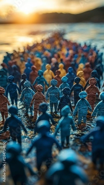 Fototapeta This dynamic image showcases a vibrant crowd of colorful paper figures, illustrating movement and energy while representing diversity and unity in collective experience.