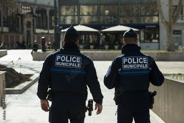 Obraz Narbonne - France - 11 february 2025 - Portrait on back view of two policemen patrolling in the street
