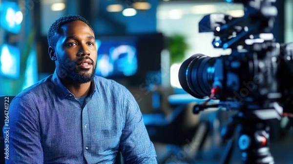 Obraz Man video interview office night studio filming