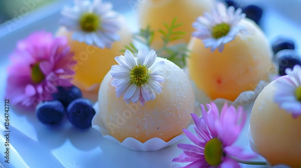 Fototapeta A colorful dessert display garnished with flowers and berries.