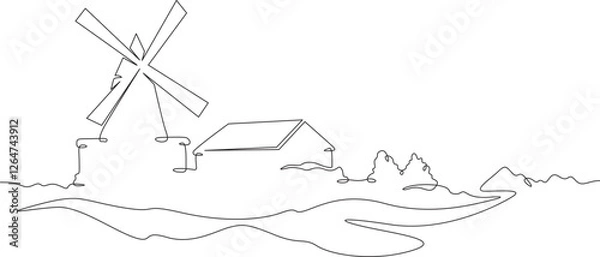 Fototapeta Continuous one line drawing windmill.An old mill on the plain. One continuous line isolated minimal illustration.Not AI.