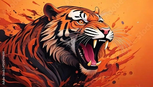 Fototapeta Fierce Roaring Tiger with a Dynamic Abstract Shattered Effect on an Orange Background