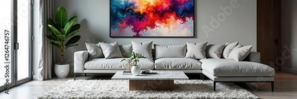Fototapeta Grey sofa, plush rug, marble top coffee table, abstract art , style, grey