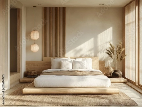 Fototapeta Serene minimalist bedroom features neutral tones and natural elements