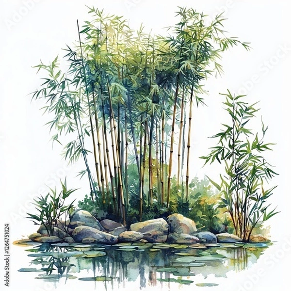 Obraz Watercolor painting of a tranquil zen garden with tall bamboo trees swaying gently, on isolated white background