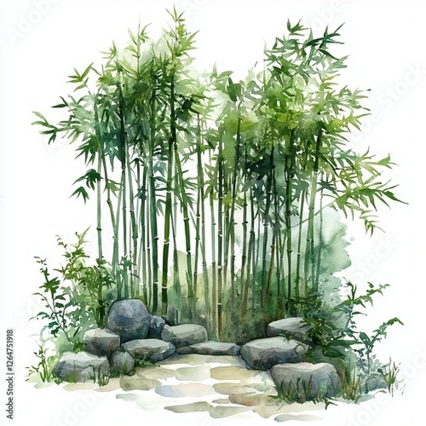 Obraz Watercolor painting of a tranquil zen garden with tall bamboo trees swaying gently, on isolated white background