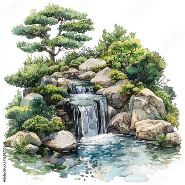 Obraz Watercolor painting of a zen garden with a small waterfall flowing into a clear pond, on isolated white background