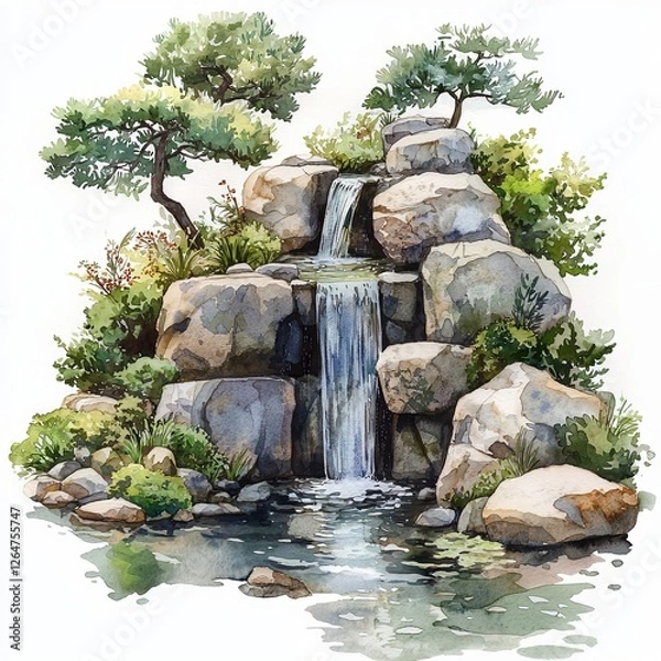 Obraz Watercolor painting of a zen garden with a small waterfall flowing into a clear pond, on isolated white background