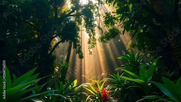 Fototapeta Dense Tropical Rainforest: Sunlight Filtering Through the Canopy – Lush Green Jungle Scene for Nature Enthusiasts