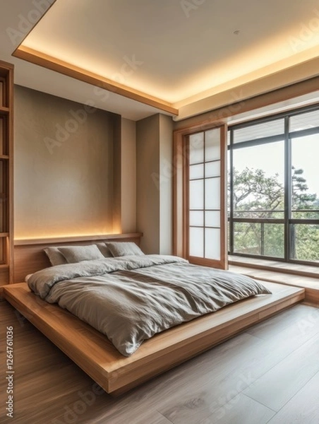 Fototapeta Modern bedroom showcases a platform bed with a minimalist design