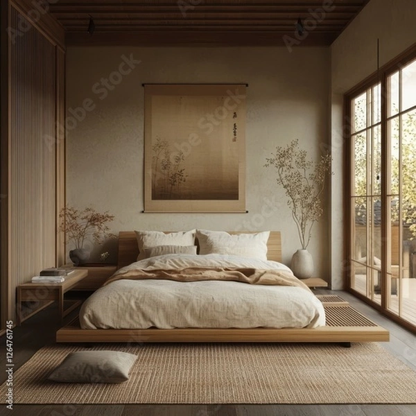 Fototapeta Serene bedroom with japanese aesthetics featuring a low platform bed