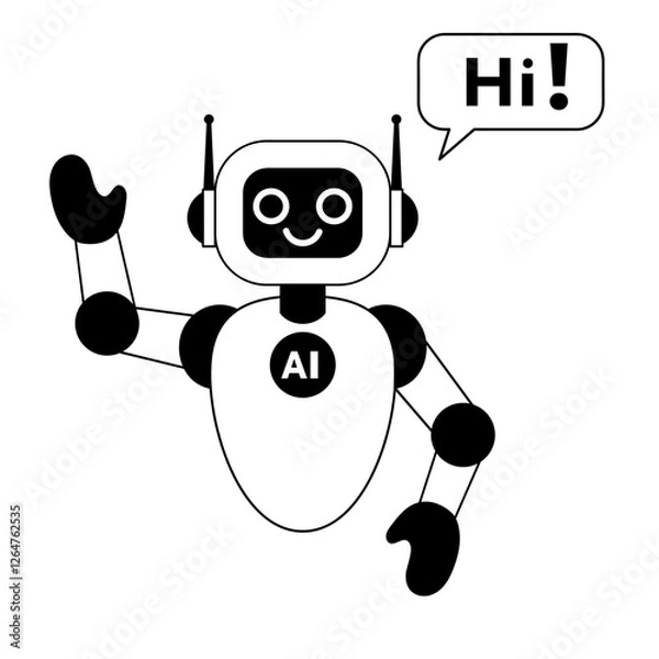 Fototapeta Linear illustration of cute ai robot waving HI. Customer support. AI bot helper. Concept of virtual conversation assistant for getting help. Isolated in white background.