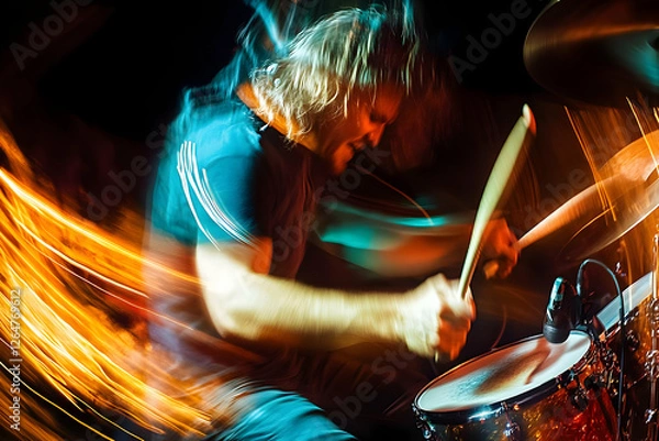 Fototapeta A dynamic drummer performing energetically, captured in motion with colorful lighting.