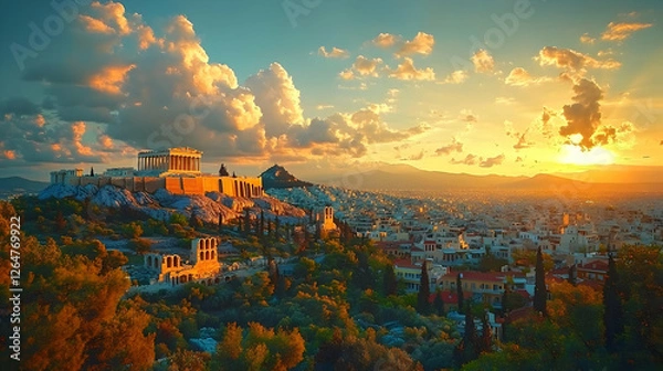 Fototapeta A scenic sunset view of Athens featuring the Acropolis and cityscape.