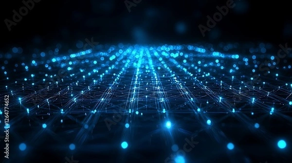 Fototapeta A sleek, minimalist 3D design representing digital transformation, glowing lines symbolizing AI and data flow, cool blue tones with soft reflections, sharp geometric shapes, soft ambient light
