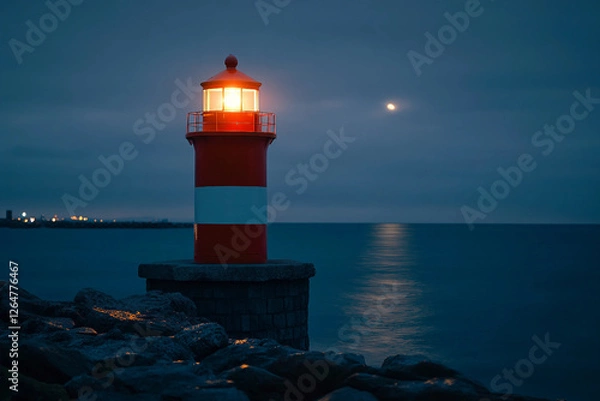 Obraz Dramatic Lighthouse Illuminating a Stormy Coastline at Sunset with Powerful Waves, Generative AI