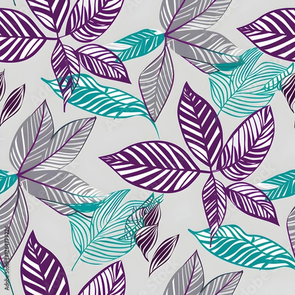 Fototapeta A vibrant pattern featuring various stylized leaves in shades of purple and teal.