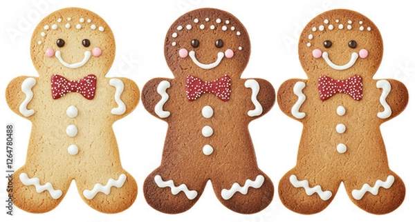 Fototapeta Three Gingerbread Men Cookies with Bowtie and Icing on Transparent Background