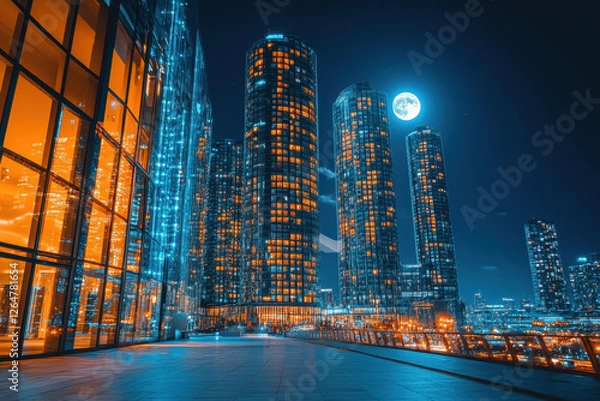 Fototapeta City skyline at night showcases illuminated towers and a bright moon in a serene urban setting