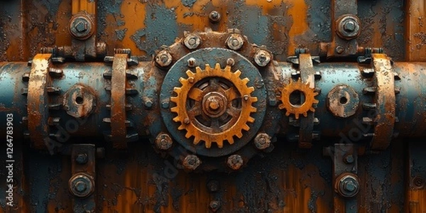 Fototapeta Factory-Themed Mechanical Structure with Rusted Gears and Pipes
