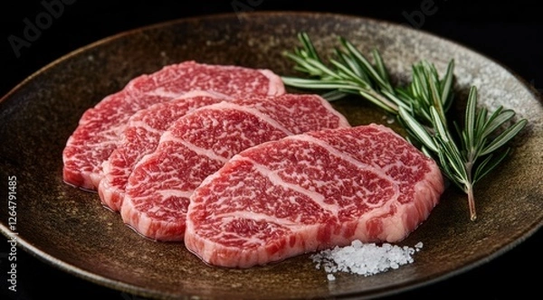 Fototapeta Premium marbled beef cuts displayed on a rustic plate