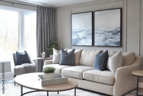 Fototapeta Modern living room design featuring cozy sofa and ocean-themed artwork in bright, airy space