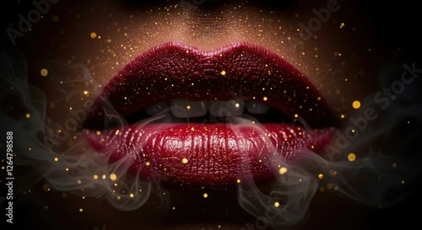 Obraz Sensual Red Lips with Glitter and Smoke against a Dark Backdrop