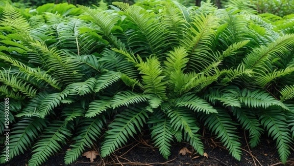 Fototapeta Lush green fern leaves in a dense arrangement on forest floor with textured background and natural light Copy Space