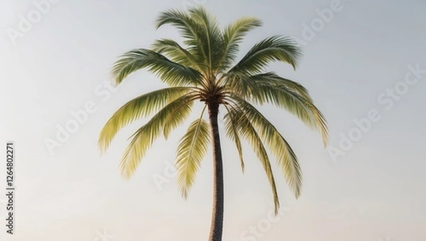 Fototapeta Single tall palm tree against clear sky background with green fronds and textured trunk Copy Space