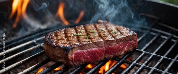 Obraz Grilled steak on barbecue grill with smoke and flames visible, showcasing medium rare doneness and grill marks, Copy Space