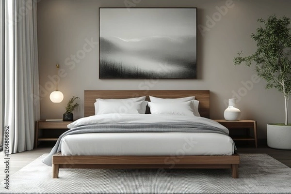 Fototapeta Modern bedroom design with minimalist decor and serene landscape art in muted tones