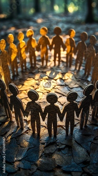 Obraz A striking image showcases silhouetted figures holding hands in a circle, emanating warmth from the sunlight filtering through the trees, emphasizing togetherness.